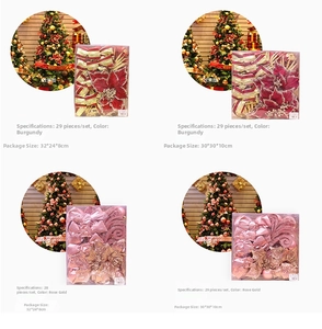 Dettaglio del set di 28 decorazioni natalizie color bordeaux e oro rosa nella confezione