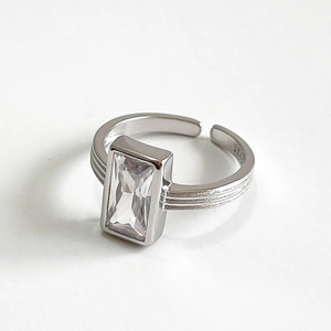925 Sterling Silver Ring Rectangular Zircon Emerald Cut Adjustable Minimalist Geometric Textured Band For Women