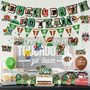 Close-up of touchdown football party banner and hanging swirls for Super Bowl events