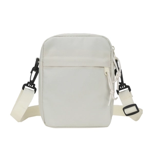 Minimalist beige canvas crossbody bag for men featuring dual zipper pockets and strap