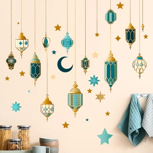 Blue and gold Islamic lanterns wall stickers with stars for Ramadan home decoration