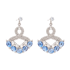 Vintage silver drop earrings with geometric design and blue crystal embellishments