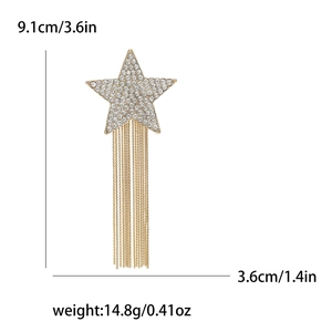 Golden star brooch with rhinestones and tassels, showing size 9.1cm and weight 14.8g