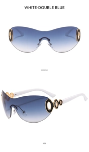 Close-up of Y2K rimless sunglasses with blue gradient lenses and white temples
