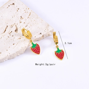 Detailed view of 3.1cm golden strawberry drop earrings with red enamel coating