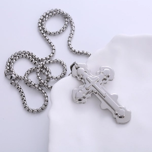 Polished stainless steel triple layer cross pendant necklace with sparkling rhinestones