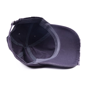 Distressed vintage cotton baseball cap with adjustable metal buckle and frayed edge detail