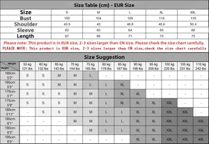 Size guide for men's striped pullover with detailed EUR size measurements and suggestions