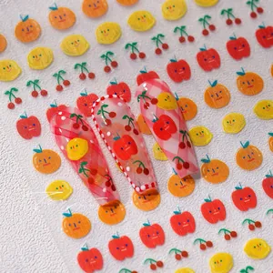 Detail of thin matte fruit nail stickers with cherry and apple patterns for DIY nail art