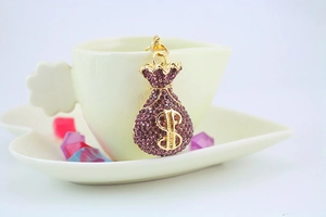 Detailed macro view of money bag keychain with purple rhinestones and dollar symbol