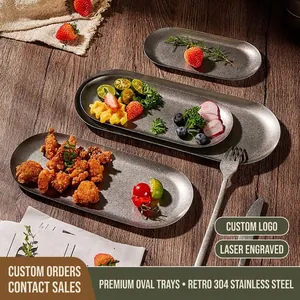 Oval Serving Plate 304 Stainless Steel Frosted Matte Snow Grey Vintage Industrial Style Kitchen Tableware Tray