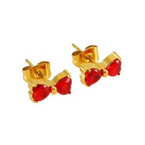 Elegant gold bow earrings with red heart-shaped crystals in a minimalist French style