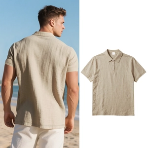 Detail of khaki men's linen polo shirt showing breathable waffle texture in outdoor setting