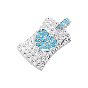 Detail of silver hammered metal rectangular pendant with turquoise heart inlay