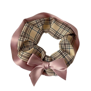 Beige plaid and pink satin scrunchie with a sweet bow knot hair accessory for women