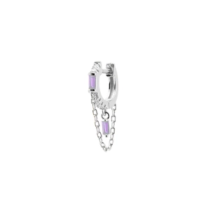 Detail of silver drop earrings with purple rectangular zircon and tassel chain dangles