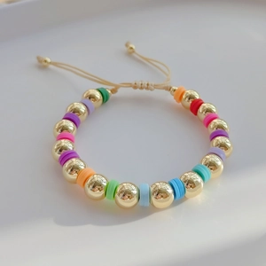 Bohemian colorful Heishi beads and 18K gold beads bracelet with adjustable cord