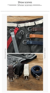 Detail of woven wax rope belt with silver buckle shown in multiple colors on jeans