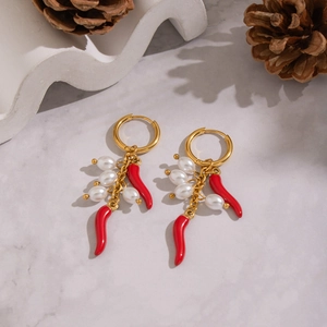 Red chili and fresh water pearl drop earrings in gold stainless steel finish