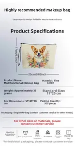 Linen makeup bag detail showing dog pattern, dimensions 17x25cm and lightweight 33g design