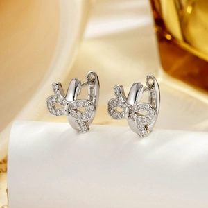 Bow Knot Hoop Earrings Copper Micro Pave Cubic Zirconia Elegant Silver Color Ear Piercing Jewelry For Women