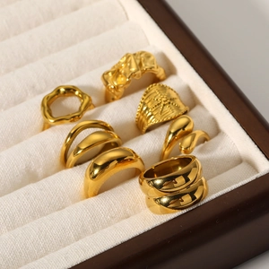 Geometric Stainless Steel Rings 18K Gold Plated Double Layer Wave Textured CZ Minimalist Jewelry For Women Men