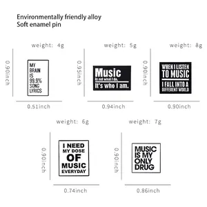 Set of 5 enamel music badges with detailed size and weight dimensions for each design
