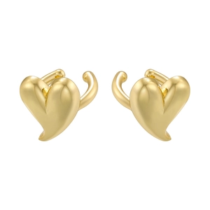 Polished golden heart stud earrings with minimalist flowing 3D design and metallic shine