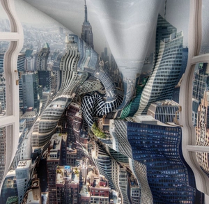 Detail of soft fabric texture with New York City Manhattan skyline window view print