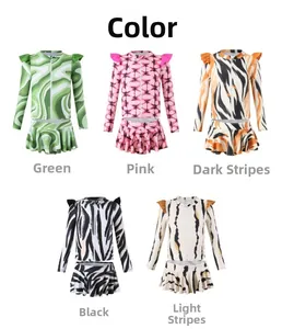 Girls long sleeve swimsuit sets with zebra and wave patterns and ruffle details
