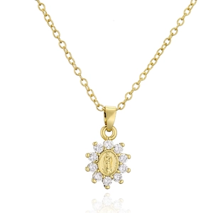 Religious necklace with gold sunflower pendant featuring Virgin Mary and sparkling zircons