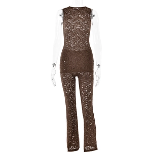 Sexy Lace Sleeveless Round Neck Top And Long Pants Transparent Slim Fit Streetwear For Women Solid Color