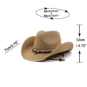 Detailed dimensions of brown straw cowboy hat with colorful band and adjustable chin cord