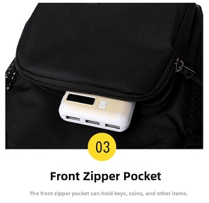 Détail de la poche avant zippée sur un sac de poitrine multifonctionnel en nylon étanche