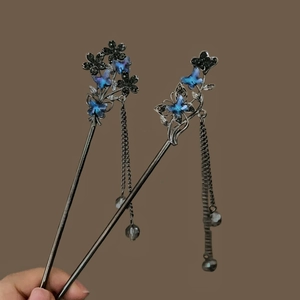 Vintage Chinese Style Hair Stick Butterfly Flower Alloy Crystal Long Tassel Dangle Hairpin For Women Hanfu Accessory