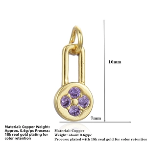 Detailed view of rectangular gold pendant with purple cubic zirconia for DIY jewelry