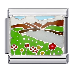Italian charm link with colorful enamel flower landscape in silver stainless steel