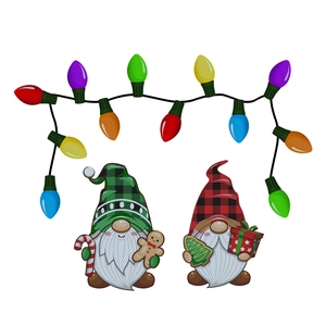 Close-up of festive Christmas gnomes stickers with candy canes and colorful light bulbs