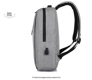 Side view of gray business backpack showing built-in USB charging port and mesh strap