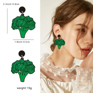 Acrylic broccoli earrings size and weight chart with model wearing demonstration