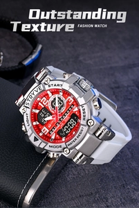 Close-up of waterproof dual-display sport watch with red dial and white silicone strap