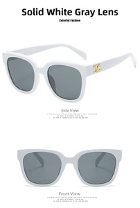 Detail view of white retro square sunglasses with grey lenses and gold metal accents