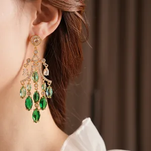 Elegant vintage gold drop earrings with gradient green stones and zircon inlay