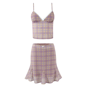 Women Plaid Camisole Top And Fishtail Skirt Outfit Lace Trim Bow Decor Sleeveless Summer Casual Streetwear