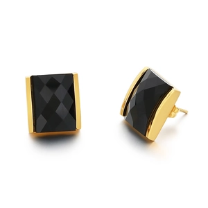 Elegant 18K gold plated earrings featuring geometric black faceted square glass stones