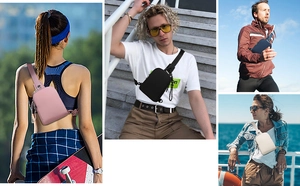 Mini outdoor crossbody chest bag shown in four colors for sports and casual activities