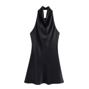 Elegant black satin halter neck mini dress with draped cowl neckline and open back design