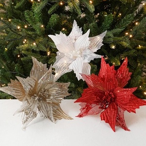 Christmas Poinsettia Flowers Artificial Glitter Sequined Fabric Xmas Tree Ornaments Decorative Large Festive Home Party