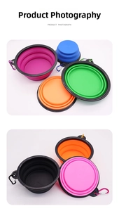 Collapsible silicone pet bowls in multiple colors with carabiners for outdoor travel