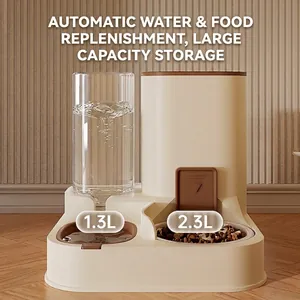 Distributeur 2-en-1 avec réservoir d'eau 1,3L et bac à croquettes 2,3L crème et brun
